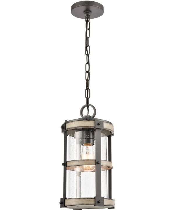 Crenshaw 1-Light Outdoor Pendant Anvil Iron Distressed Antique Graywood Seedy Glass Discount