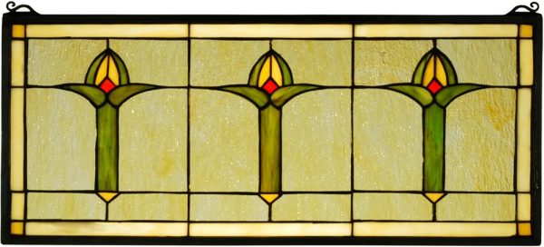 11 H x 26 W Arts & Crafts Bud Trio Stained Glass Window For Sale