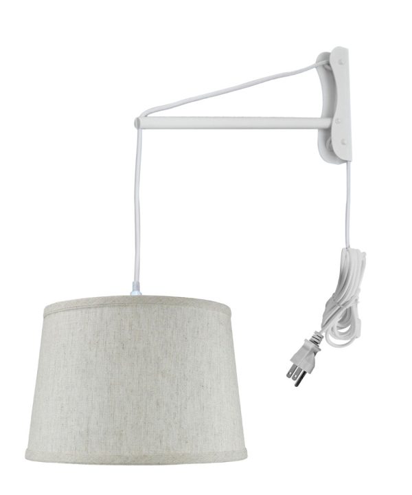 16 W MAST Plug-In Wall Mount Pendant 1 Light White Cord Arm Shallow Drum Textured Oatmeal Online now