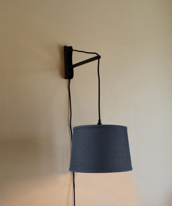 12 W MAST Plug-In Wall Mount Pendant 1 Light Black Cord Arm Shallow Drum Textured Slate Shade For Sale