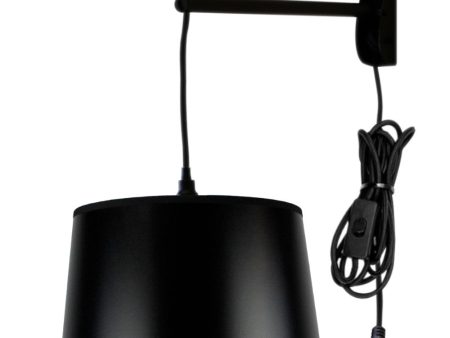 12 W MAST Plug-In Wall Mount Pendant 1 Light Black Cord Arm Shallow Drum Black Shade Fashion