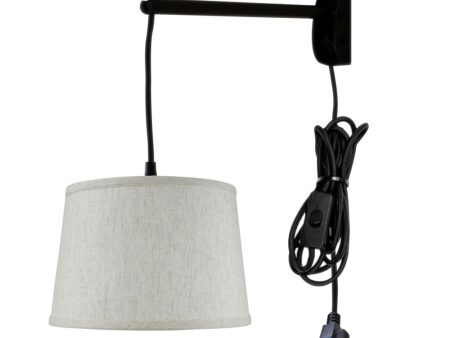 12 W MAST Plug-In Wall Mount Pendant 1 Light Black Cord Arm Shallow Drum Textured Oatmeal Shade on Sale