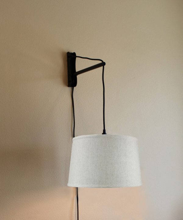 16 W MAST Plug-In Wall Mount Pendant 1 Light Black Cord Arm Shallow Drum Textured Oatmeal Shade Online Sale